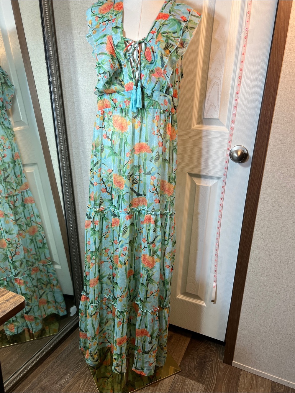 Mint Floral Maxi Dress with Coral Blooms and Ruffle Details